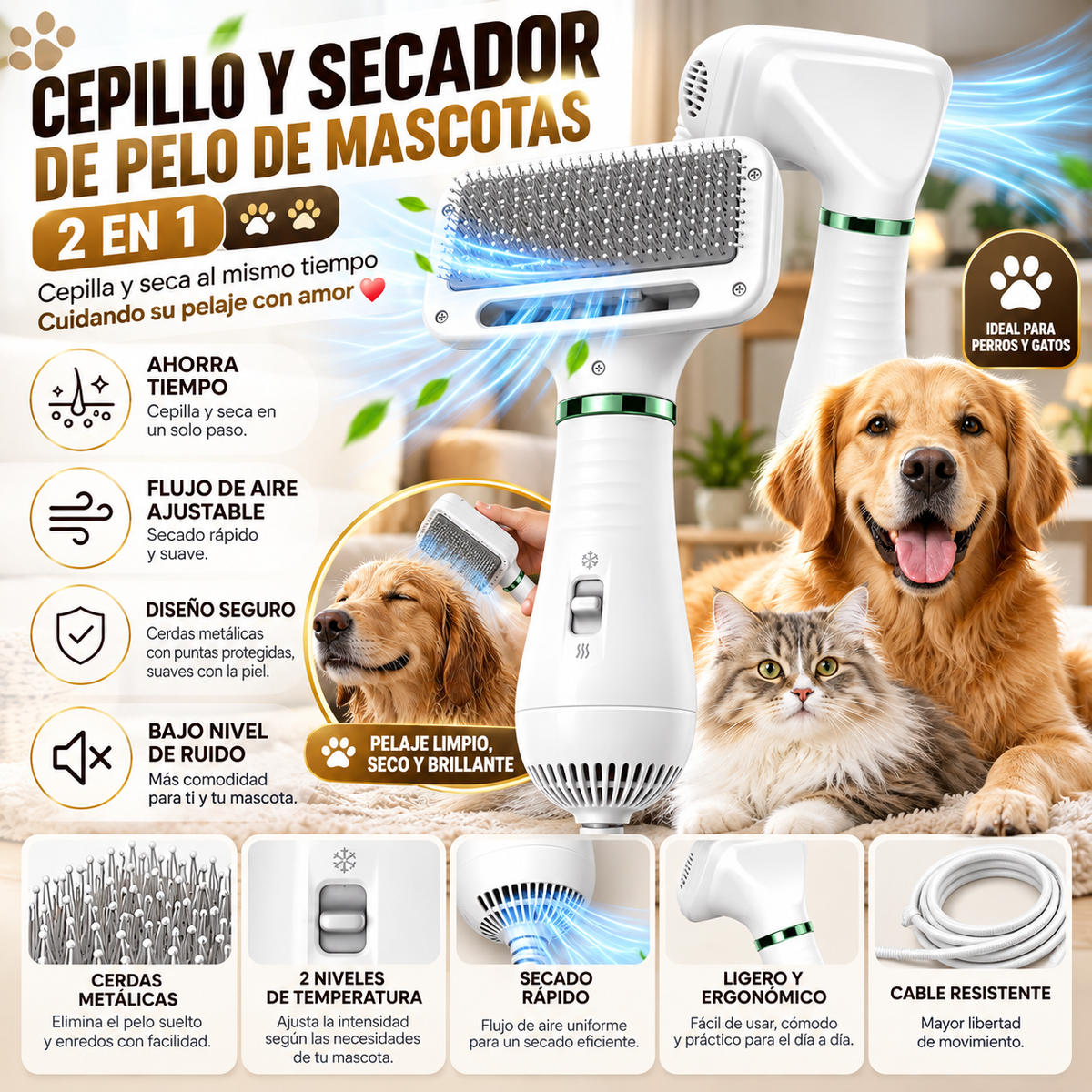 Secador Cepillo Pelo Mascotas 2 En 1